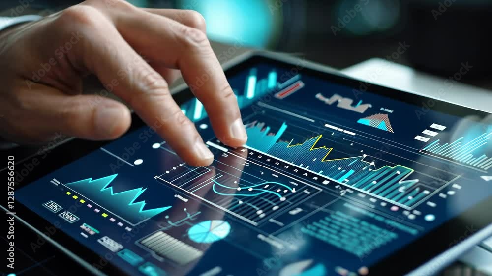Poster businessman analyzing data on a tablet computer in a modern office setting during the evening, focus
