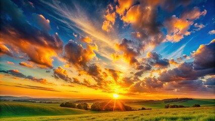 Obraz premium Serene Sunset Over Rolling Green Hills with Vibrant Sky and Dramatic Clouds