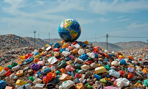 3D Planet Earth Surrounded by Colorful Plastic Waste in the Ocean