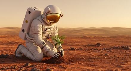 Astronaut Planting Seedling on Red Planet Surface Exploring Space