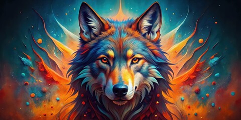 Vibrant Wolf Portrait in a Cosmic Abstract Setting, a Majestic Canine with Fiery Hues and Celestial Dust