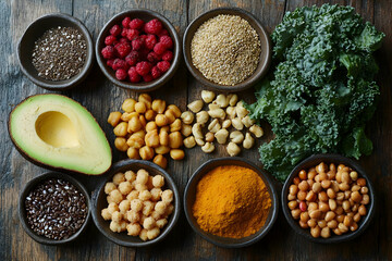 Assortment Of Healthy Superfoods On Wooden Background