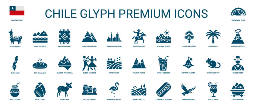 Chile set glyph icons, flag traditional food animals landmarks cultural elements