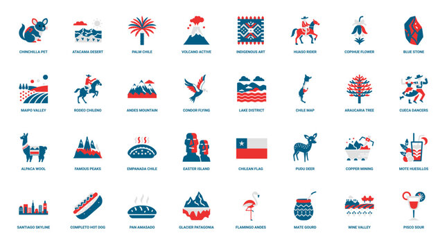 Chile country flat icons set, flamingo pisco wine