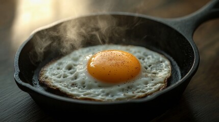 Fried egg with runny yolk in cast iron skillet, morning sunlight. Breakfast and comfort food concept