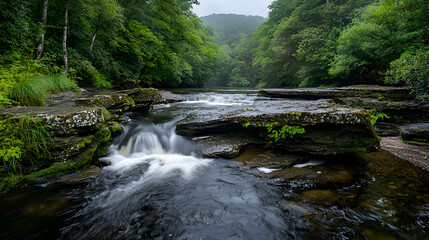 Fototapeta premium Serene River Flowing Through Lush Green Forest