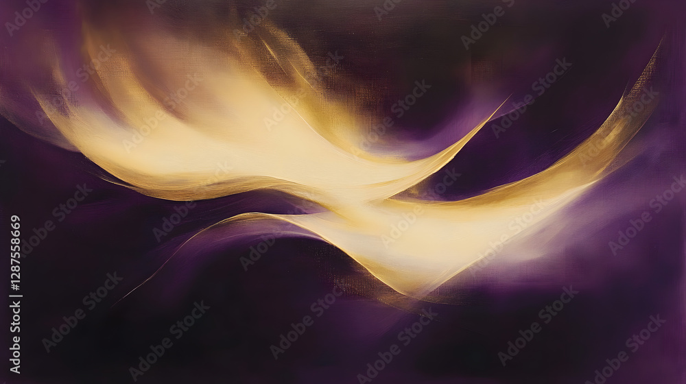 Poster abstract painting featuring purple and yellow colors with dynamic shapes and patterns in a contempor