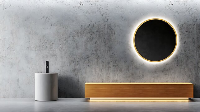 Modern minimalist lobby interior design with circular mirror and wooden bench