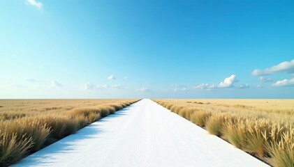 Unending white pathway stretching into the distance under a blue sky, infinity, way, long