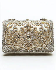 Close up of a bejeweled clutch. The purse is cream-colored with ornate, gold leaf and sparkling stone designs.