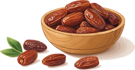 Dates in wooden bowl in white background Illustration vector design
