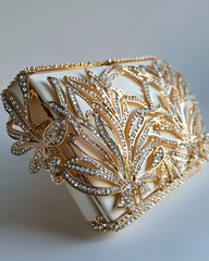 Close up of a bejeweled clutch. The purse is cream-colored with ornate, gold leaf and sparkling stone designs.