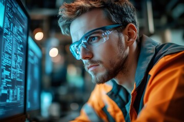 Industrial software engineer wearing protective glasses working on computer code