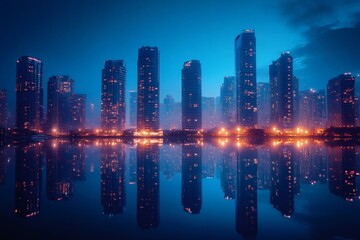 Modern skyscrapers reflecting in water at night in a big city