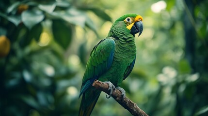 Obraz premium Vivid green parrot perched on branch in lush jungle setting, vibrant colors and natural beauty. Wildlife and nature photography concept