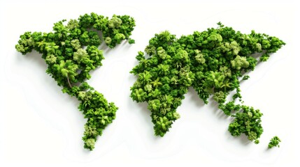 Tree shaped like the world map on white background, symbolizing global sustainability, eco-friendly earth, and green living.

