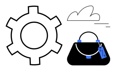 Gear next to cloud and handbag with a tag. Ideal for technology, connectivity, fashion, e-commerce, cloud computing, innovation, and modern lifestyle concepts. Simple abstract line flat metaphor