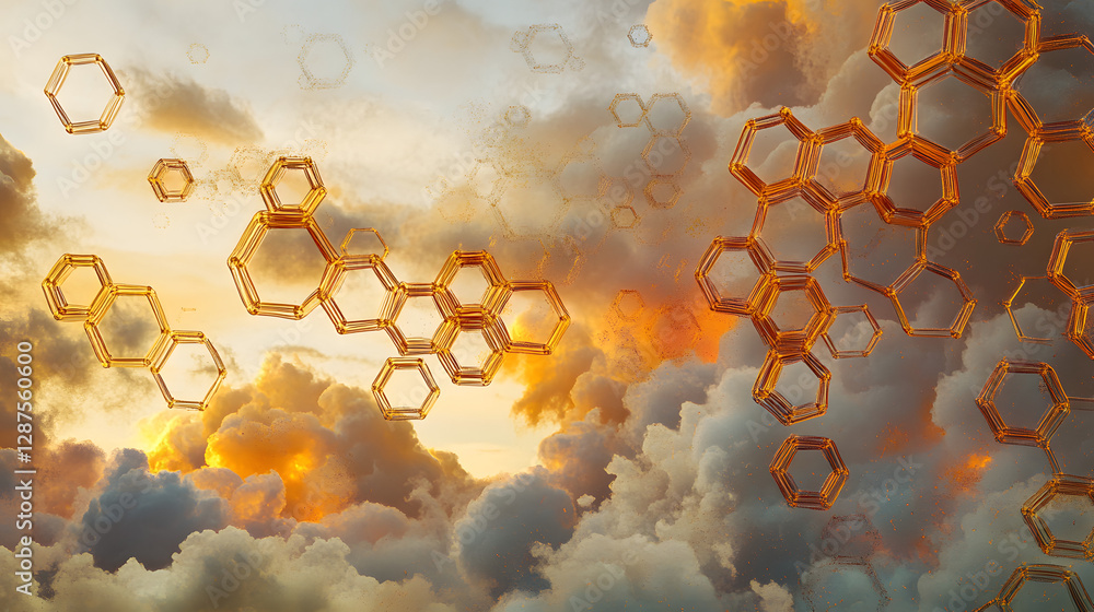 Poster a cluster of hexagons floating in a blue sky with soft clouds in the background creating a surreal a