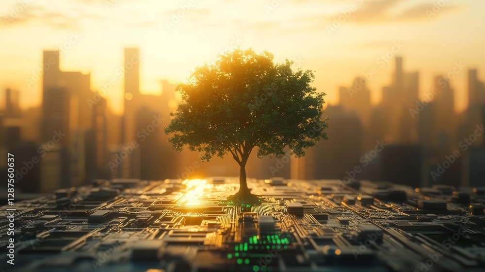 Poster lone tree growing on computer circuit board at sunrise with city skyline in background. environmenta