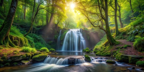 Obraz premium Serene Waterfall Cascading Through a Lush, Moss-Covered Forest Bathed in Golden Sunlight