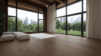 Fototapeta premium Modern room, city view, yoga mats, hardwood floor, relaxation