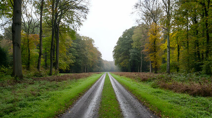 Obraz premium Autumnal Forest Road: A Serene Pathway Through Green and Gold Foliage