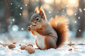 Obraz premium Adorable Squirrel Enjoying Nuts in Winter Wonderland