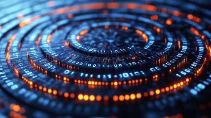 Binary data visually spiraling outward,  glowing blue and orange accents indicating technology and futuristic themes.
