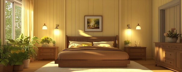 Peaceful wooden bedroom with a soft brown bed, pale yellow walls, and calming lighting,