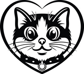 A beautiful cute cat's face in the shape of a heart silhouette vector illustration, cat's face in the shape of a heart line art vector 