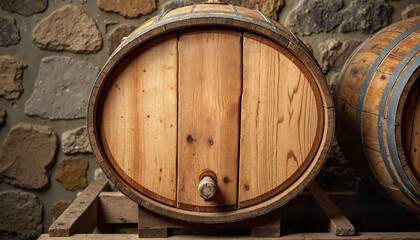 Aged wine barrel against textured stone wall, vintage elegance