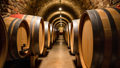 Symmetrical oak barrels lined up in winery cellar, rich heritage