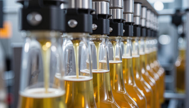 Automated wine filling machine pouring liquid into bottles, precision bottling