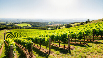 Vibrant vineyard landscape showcasing rolling hills in sunlight, nature's bounty