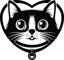 A beautiful cute cat's face in the shape of a heart silhouette vector illustration, cat's face in the shape of a heart line art vector 