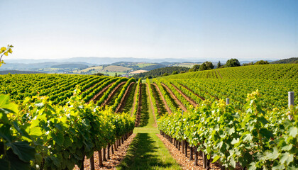 Vibrant vineyards showcasing lush grapevines leading to hills, nature's bounty