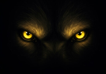 Intense golden eyes stare out from dark furry face