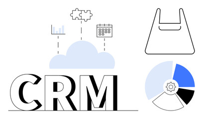 Large CRM letters, cloud with graph, puzzle piece, calendar above, and shopping bag, pie chart. Ideal for business management, CRM software, cloud solutions data integration sales tracking