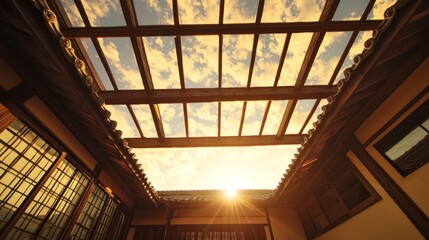 Obraz premium Golden Hour Serenity: Sunlit Japanese Courtyard