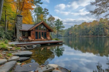 Obraz premium Luxurious lakeside cabin reflecting on calm water during autumn season