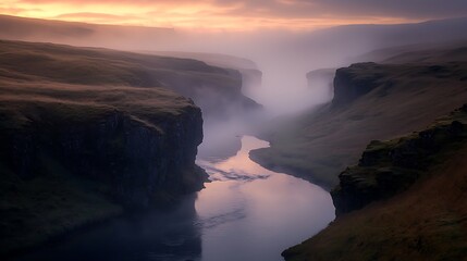 A peaceful river surrounded by misty hills under the faint light dawn