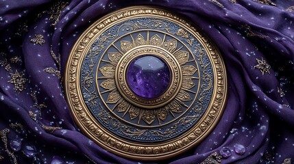 Fototapeta premium a round gold and purple object with a round stone in center