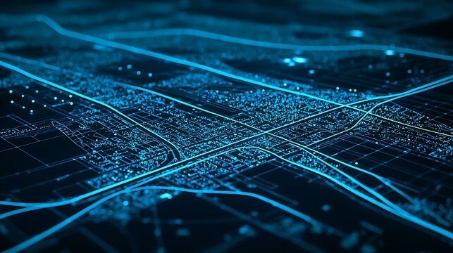 A city business hub map with blueprint aesthetics, highlighting key sectors in cyan