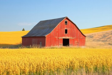 Obraz premium Red barn standing in a canola field during a sunny summer day