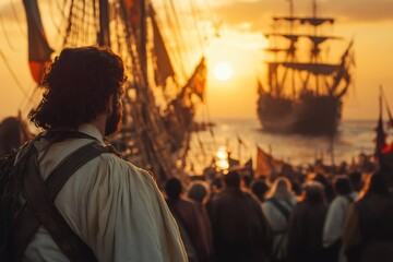 Sailor watching another galleon sailing away at sunset