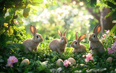 Easter scene with rabbits hopping around a lush green garden