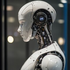Fototapeta premium A futuristic humanoid robot with a sleek design, showcasing intricate circuitry and advanced technology in an urban environment.
