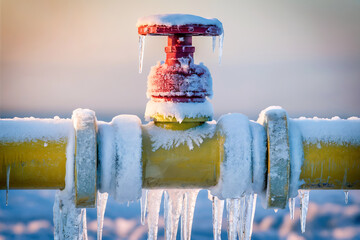 frozen yellow gas pipeline and a red valve with icicles
