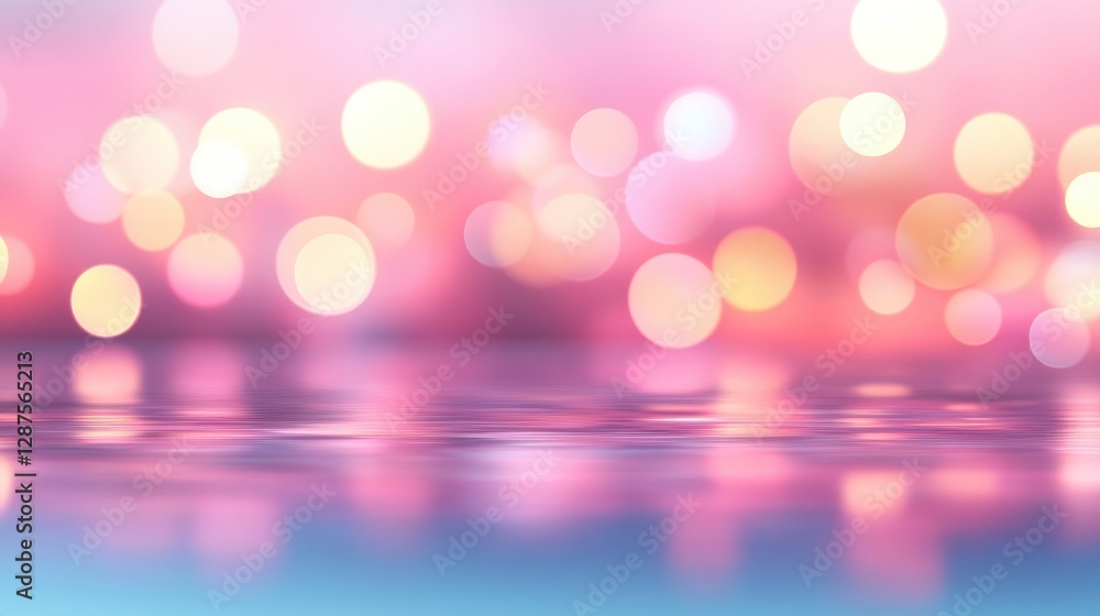Poster a dreamy blend of pink and gold bokeh lights reflecting on a serene water surface, creating a calmin
