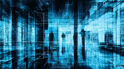 A creative workspace with blue-tinted lighting, emphasizing blueprint-inspired visuals